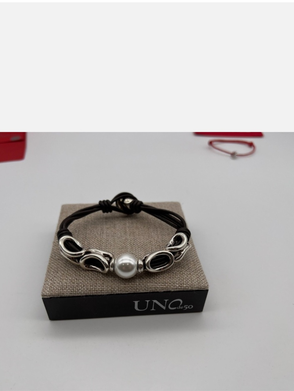 UNO de 50 Black Leather Bracelet with Silver Accents and White Pearl
